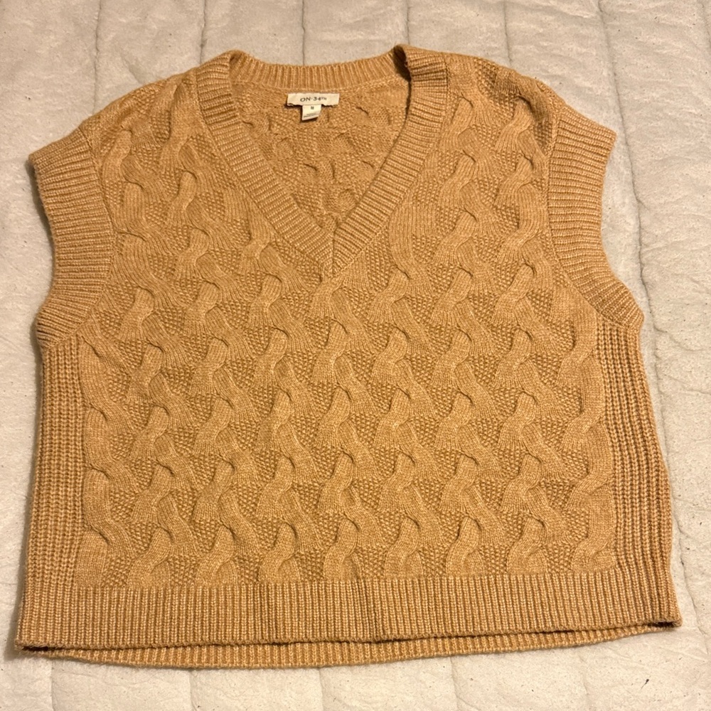 Ann Taylor Camel Cable Knit V-Neck Sweater Vest